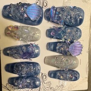 "Ocean Relic" Press-On Nail Set – Iridescent Shells, Starfish & Deep‎ Blue Glam